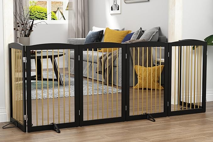 Freestanding Pet Gate for Dogs, Indoor Wooden Dog Gate for House, Extra Wide Dog gate, Foldable Dog Gate for Stair, Doorway, Hall, Support Feet Included, 120 Inch Wide, 6 Panels 32",Black&Gold