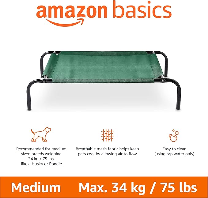 Amazon Basics Cooling Breathable Elevated Dog Bed with Metal Frame for Medium Dogs, 43 x 26 x 7.5 Inch, Green