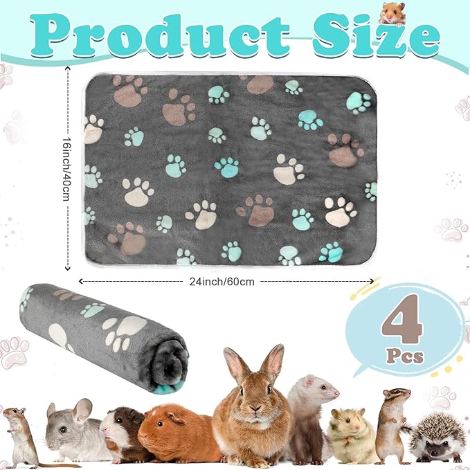4 Pcs Waterproof Guinea Pig Blankets Washable Small Animal Fleece Bedding Absorbent Guinea Pig Cage Liners Reusable Pet Pee Pad Sleep Mat Pad Cover for Hamster Ferret (Cute Paw,24 x 16 Inch)