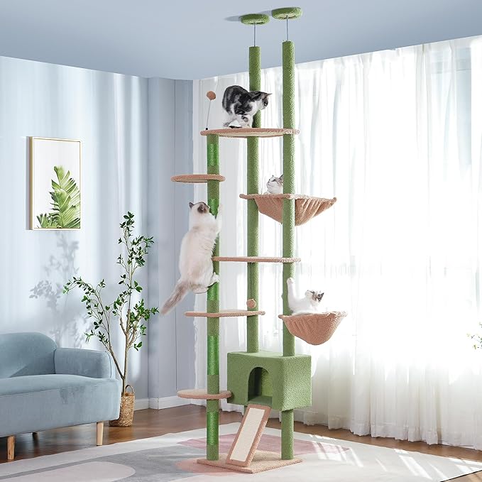 Floor to Ceiling Cat Tree Tall Cat Tower with Adjustable Height (81.8-108 Inches) with Fully Scratching Post Private Condo and Hammock for Indoor Cats (Green, Triple Dule Posts)