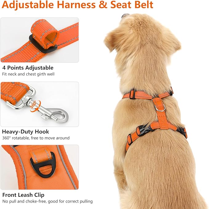 Dog Seat Belt Harness for Car, Dog Car Harness Adjustable Mesh Breathable & Dogs Seatbelt Safety Tether with Elastic Bungee for Small Medium Large Pets(Orange, L)
