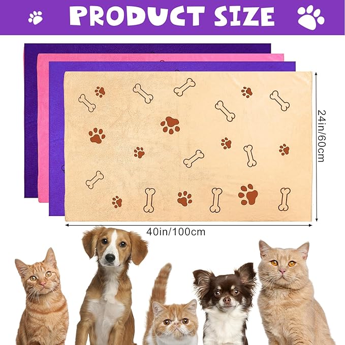 Chumia 4 Pcs Dog Towels for Drying Dog Puppy Bulk Microfiber Absorbent Paw Towel Pet Bathing Supplies Quick Drying for Medium Cats Pets Shower(24 x 40 Inch,Dark Purple,Purple,Pink,Yellow)