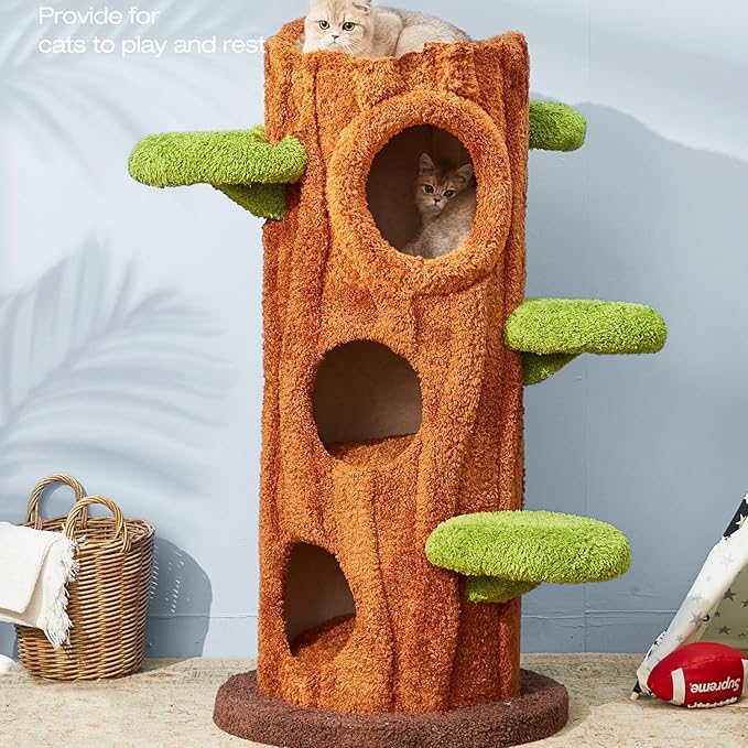 47.2'' Natural Wooden Cat Tree, Modern Cat Condo for Indoor Kitten, Multi-Level Cat Tower with Cat Perch and Scratching Pad for Multi-Cat Families