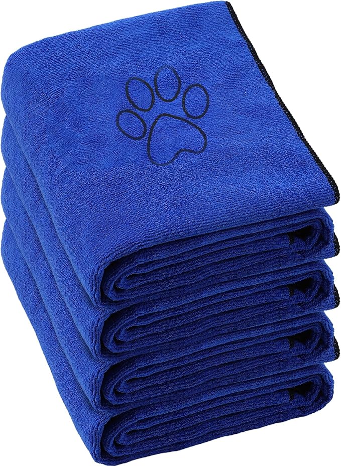 Chumia 4 Pack Dog Towels for Drying Large Microfiber Grooming Tools Absorbent Soft Bath Supplies with Embroidered Paw for Small Medium Pet Products(16 x 32 Inch,Blue)
