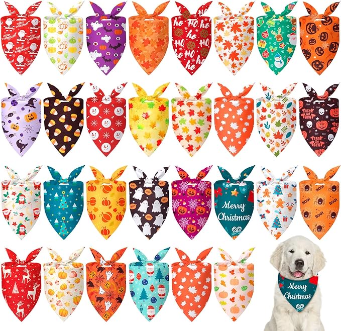 Chunful 30 Pcs Holiday Dog Bandanas Bulk for Fall Thanksgiving Halloween Christmas with Maple Leaves Pumpkin Ghost Snowman Adjustable Triangle Pet Scarf for Small Medium Large 25.6 x 17.7 x 17.7 in