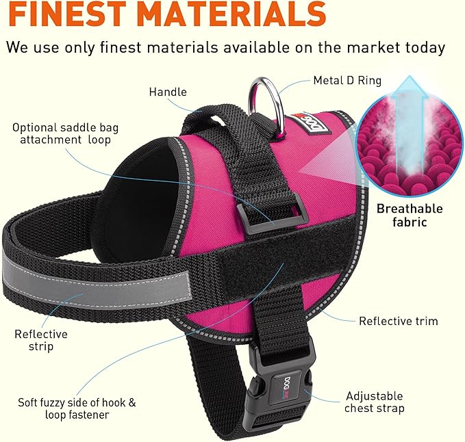 Dogline Dog Harness, Reflective No-Pull Adjustable Vest with Handle, Breathable No-Choke Harness for Small, Medium or Large Dogs Room for Patches Girth 18 to 24 in Pink