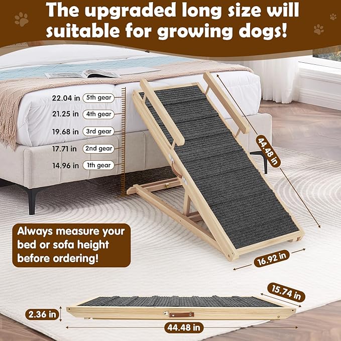 Dog Ramp for Couch, Bed or Car, Wooden 44" Long Pet Stairs for Small & Large Old Dogs & Cats, Hold up to 200lb, 5 Adjustable Height from 14.96" to 22", Portable Doggie Steps, Excellent Traction