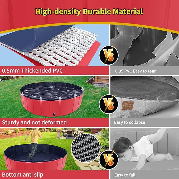 Foldable Dog Pool, 55" x 12" Kiddie Pool with Hard Plastic, Non-Slip Dog Bath Tub for Outdoor Backyard, Collapsible Dog Swimming Pool for Kids Dogs Pets (Red)