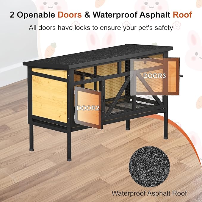 46.7" Rabbit Cage Elevated Bunny Cage Indoor, Outdoor Rabbit Hutch Hamster Cages for Small Animals, Wooden Guinea Pig Cages with Removable Tray & Waterproof Asphalt Roof & Bottom Wire Mesh