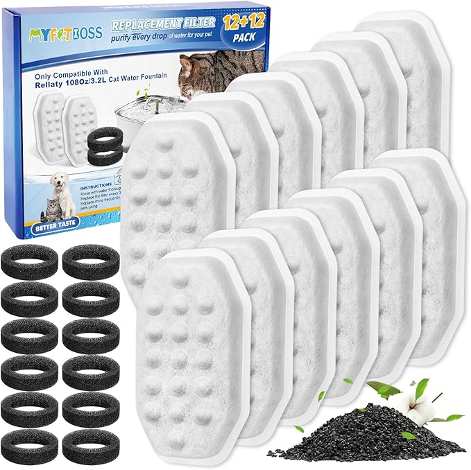 24 Pack Stainless Steel Cat Fountain Filters Compatible with Rellaty & Fit for Neareal Cat Fountain 108oz/3.2L, Replacement for Automatic Pet Fountain Dog Water Dispenser