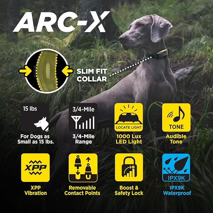 Dogtra ARC-X E-Collar for Dog Training - 3/4 Mile Range, for Dogs 15 lbs+, Slim Design, IPX9K Waterproof, 100 Stimulation Levels, Vibration, Tone, Rechargeable - Dog Owners and Professional Trainers