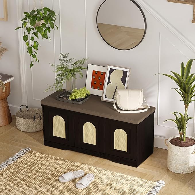 DINZI LVJ Shoe Bench, Entryway Storage Bench with Doors, Cushion, 2-Tier Shoe Rack with 6-Cubby, 39.4”L x 13.8”W Shoe Organizer Cabinet, Adjustable Shelf, Living Room, Bedroom, Espresso with Rattan
