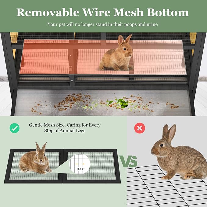 46.7" Rabbit Cage Elevated Bunny Cage Indoor, Outdoor Rabbit Hutch Hamster Cages for Small Animals, Wooden Guinea Pig Cages with Removable Tray & Waterproof Asphalt Roof & Bottom Wire Mesh