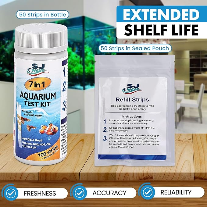 7 in 1 - Aquarium Test Strips | 100 Fast & Accurate Strips | Fish Tank Aquariums Water Test Kit & ebook | Aquarium Thermometer | Fish Tank Water Testing Kit for Fresh & Saltwater | Versatile Usage