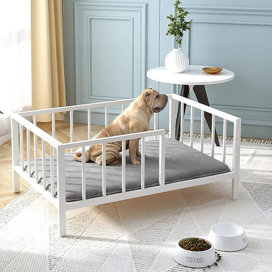 Dog Bed with Rails - Elevated Pet Metal Bed Frame with Solid Wood Board and Washable Soft Mat for Medium Dog Indoor or Outdoor Use, 25.2" x 37.8", White