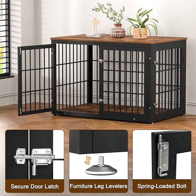 48 Inch Rustic Heavy Duty Dog Crate Furniture for Extra Large Dogs, Decorative Pet House End Table, Wooden Cage Kennel Furniture Indoor, Black and Brown