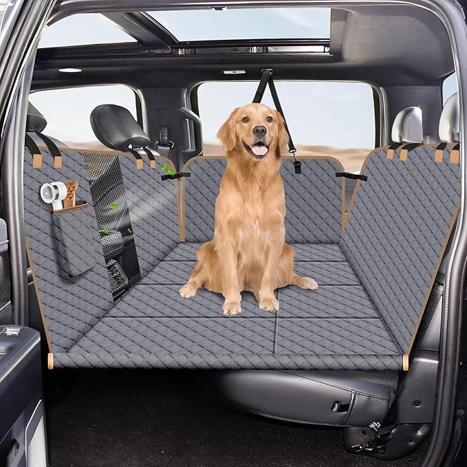 Dog Car Seat Cover for Back Seat, Dog Car Bed Cover with Strong Hard Bottom, Car Back Seat Extender Hammock for Car SUV Truck 4 Panels Gray Color Large Size