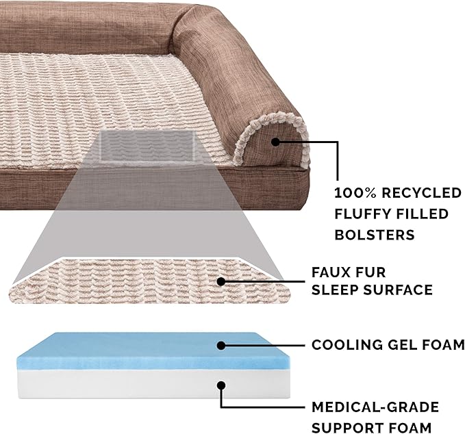 Furhaven Cooling Gel Dog Bed for Medium/Small Dogs w/ Removable Bolsters & Washable Cover, For Dogs Up to 35 lbs - Luxe Faux Fur & Performance Linen Sofa - Woodsmoke, Medium