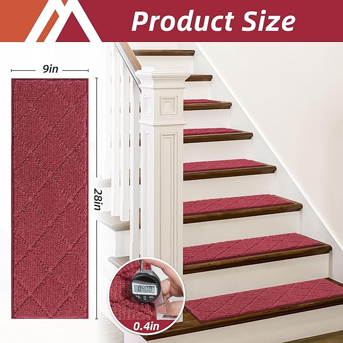 COSY HOMEER Edging Stair Treads Non-Slip Carpet Mat 28inX9in Indoor Stair Runners for Wooden Steps, Edging Stair Rugs for Kids and Dogs, 100% Polyester TPE Backing (15pc, Red)