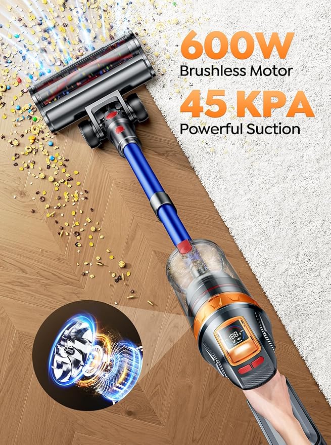 Cordless Vacuum Cleaner, 600W with Extra Mattress Cleaning Tool, 45KPA Stick Vacuum Cleaners for Home 60 Mins Runtime, Self-Standing, Wall Mount Charging, Rechargeable Vacuum for Floor Carpet Pet Hair