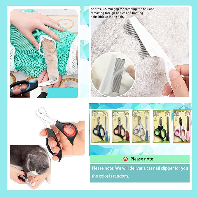 8 Piece Cat Grooming Supplies ，Adjustable Multifunctional Anti-Bite Shower net Bag，Cat Claw Covers，Cat Bath Brush and Cat Nail Clipper(Grey-B)