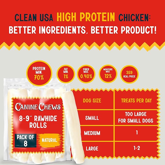 Canine Chews 8-9" Retriever Roll Rawhide Bones for Large Dogs - Durable, Thick Rawhide Bones, Quality Dog Rawhide Chews for Medium to Large Dogs, Thick Size Keeps Dogs Occupied (8 Pack)