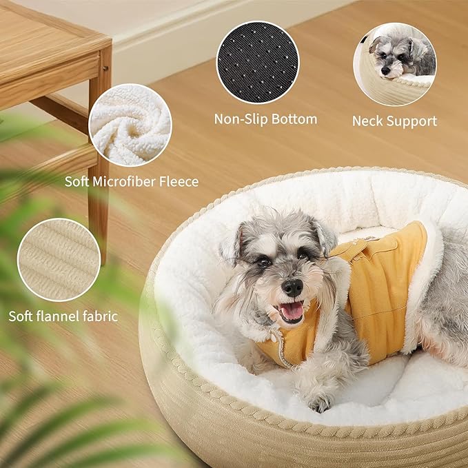 Cat Bed, 20In Dog Beds for Small Dogs, Calming Cat & Dog Beds for Indoor Pets, Pet Beds Comfortable Donut Round Ultra Soft (Camel, 23" L x 23" W x 6.5" Th)