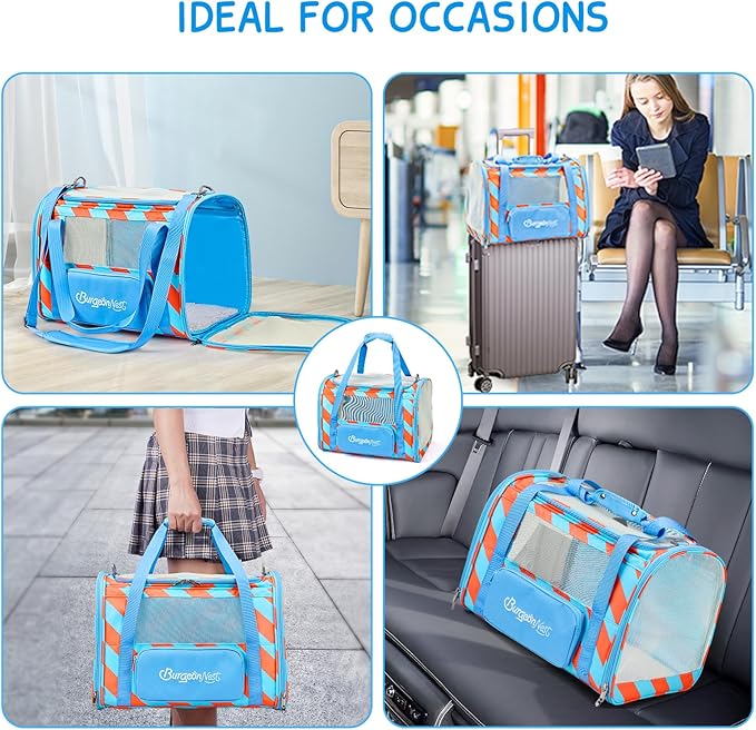 BurgeonNest Cat Carrier, Dog Cat Carriers for Large Medium Cats Under 20 lbs, Soft Sided Pet Carrier, Collapsible Travel Carry Puppy Kitten Cat Carrier with Big Side Bag (Medium, Blue-Orange)