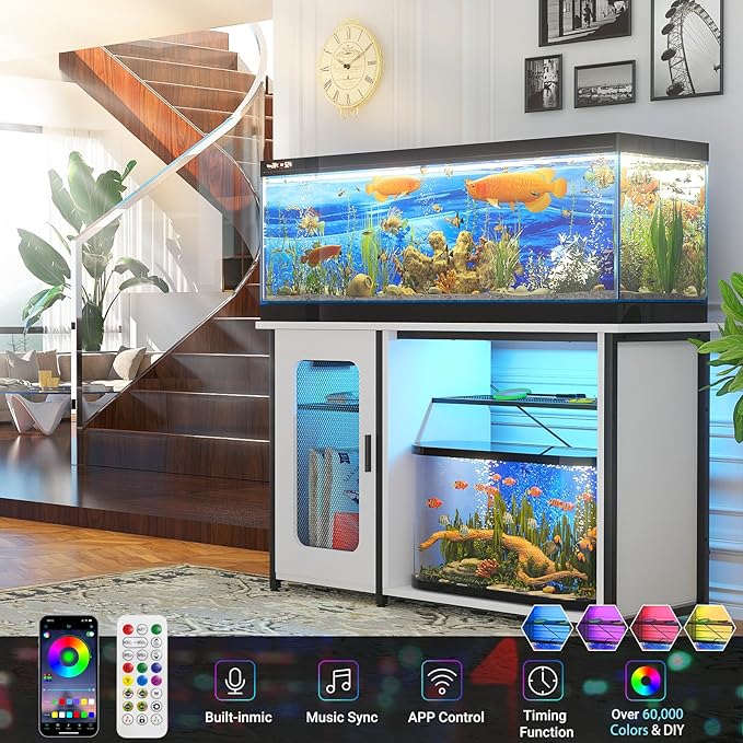 55-75 Gallon Fish Tank Stand with Power Outlets & LED Light, Reversible Heavy Duty Metal Aquarium Stand with Cabinet for Fish Tank Accessories Storage, Turtle/Reptile Terrariums, White