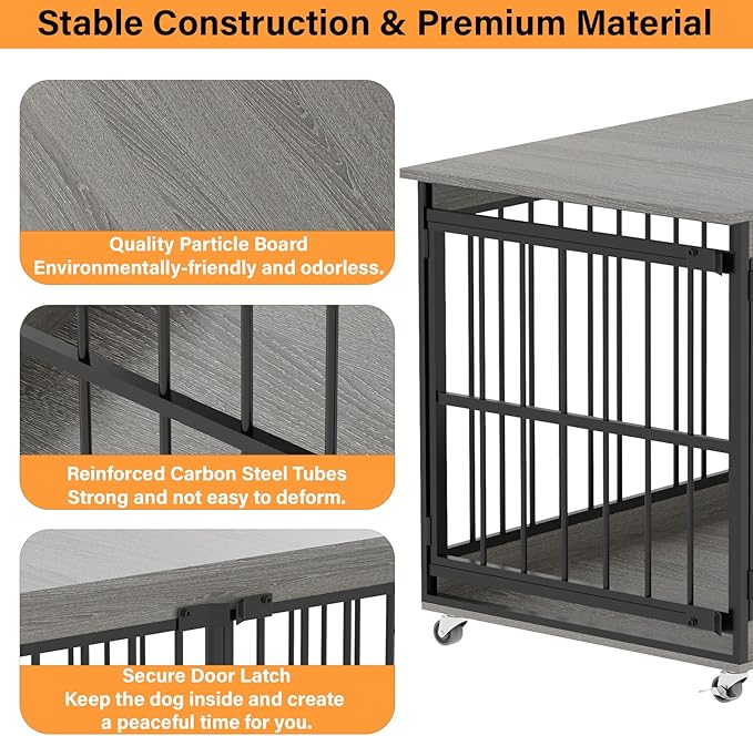 COZPAW Dog Crate Furniture, 48 Inch Dog Crates for Medium/Large Dogs, Farmhouse Wood Dog Kennel Indoor Heavy Duty Dog Cage with Caster Wheels (Gray)