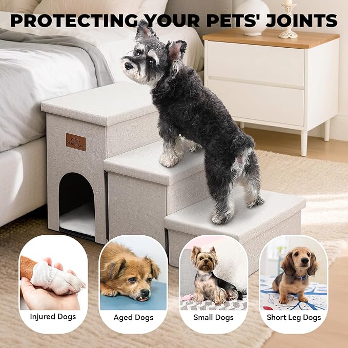 Dog Stairs with Condo 18" H, 3-Step Wider Dog Steps for High Beds Couch, Folding Storage Pet Stairs Gift for Small/Medium/Large Old Dogs Cats, Ramp for Climbing Car Up to 200 lbs, Beige