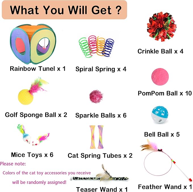 42pcs Interactive Cat Toys Kit - Multi-Activity Kitten Toy Set with Collapsible Tunnel, Feather Wand & Bell, Cat Balls Toys - Indoor Play Enrichment Supplies for Adult Cats & Kittens