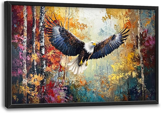 Extra Large Framed Bald Eagle Wall Art,Abstract Colorful Forest Wall Decor,Autumn Fall Forest Pictures for Living Room,Canvas Print Painting Modern Artwork Bedroom Office Home Decor 36L x 24W