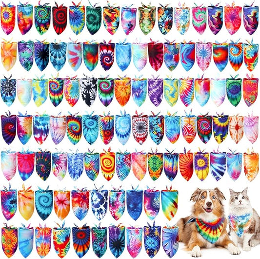 100 Pcs Tie Dye Dog Bandanas Bulk Pet Bibs Colorful Triangle Scarf Pet Bandanas for Medium Large Dogs Holiday Summer Hawaiian Birthday Costume Decor
