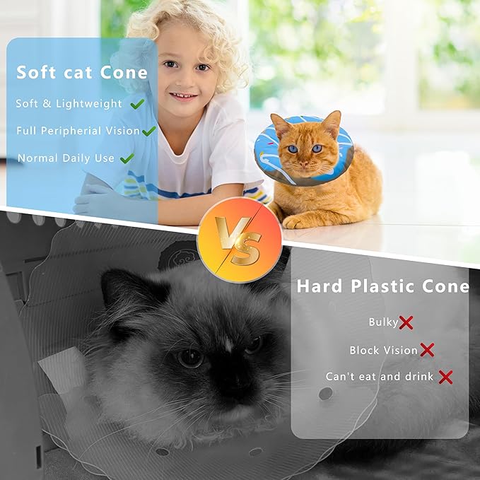 Cat Cone Collar Soft, Adjustable Cat Recovery Collar Kitten Cones to Stop Licking, Cute Donut E Collar After Surgery, Cats Neck Pillow Elizabethan Cones of Shame (Waterproof Blue, Large)