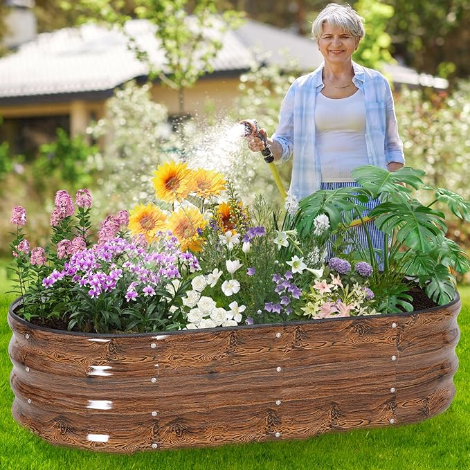 Galvanized Raised Garden Bed Outdoor - 4×2×1ft Planter Raised Beds for Gardening | Oval Metal Garden Planter Box with Safety Edging and Gloves for Vegetables Fruits and Flowers - Grain