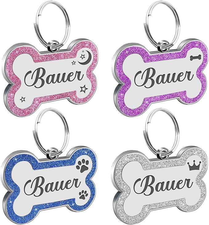 Dog Tags Personalized for Pets Dog Name Tags Personalized Dog Tag Engraved with Any Name & Text Custom Dog ID Tags Glitter Bone ID Tag for Puppy Cat (Blue L, Bone)