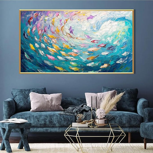 Fish Canvas Wall Art, Abstract School of Fish Canvas Wall Art, School of Fish Painting Canvas, School of Fish Wall Art, Fish Wall Decor, Fish Pictures Wall Decor, Bedroom Canvas Wall Decor (Gold Framed, 36"x20" | 92x52cm)