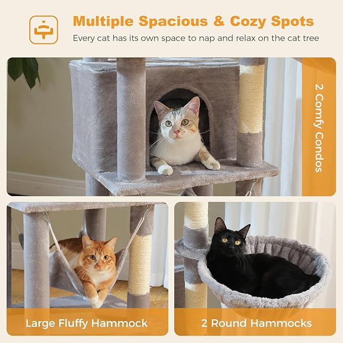 71.2" Tall Cat Tree for Indoor Cats - 9-Level Multi-Cat Tower w/5 Sisal Scratching Posts, 2 Condos, 3 Hammocks, Perch & Pom Poms - Heavy-Duty for Adult Cats, Space-Saving Plush Gray