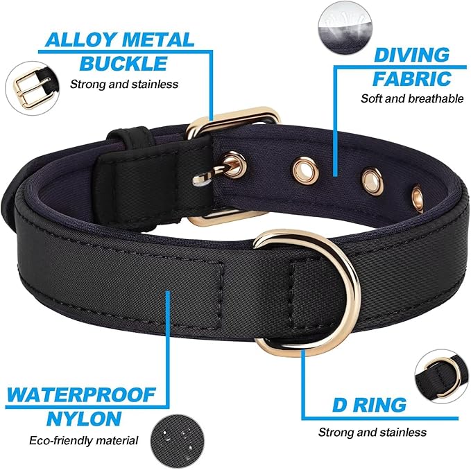 Didog Soft Padded Dog Collars for Medium Dogs, Lightweight and Breathable Dog Collar with Metal Buckle, Black, L