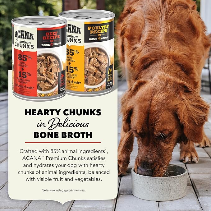 ACANA Premium Chunks in Bone Broth Grain-Free Wet Dog Food Variety Pack: Beef + Poultry Recipes 12.8oz Cans (6 Count, 3 of Each)