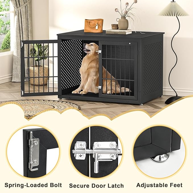 42" Heavy Duty Dog Crate Furniture for Large and Medium Dogs, Enclosed Design Wooden Metal Kennel, Wooden Cage Furniture Indoor, Decorative Dog Kennel End Table