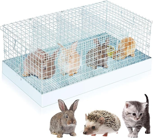 Folding Rabbit Cage, 28 x 16 x 12 in Portable Bunny Carrier with Tray and Handles for Transport, Travel or Temporary Housing, Indoor Outdoor Pet Habitat Animal Enclosure