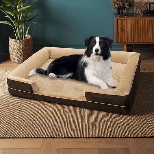 Dog Beds for Large Sized Dogs,Washable Orthopedic Memory Foam Dog Couch Sofa Bed with Bolster,Removable Cover,42x30Inch,Brown