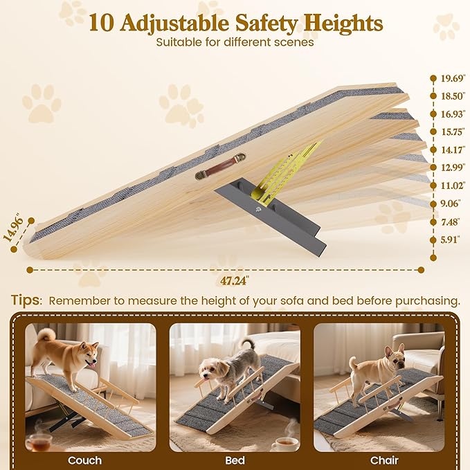 Dog Ramp for Bed Couch, Pet Ramp for Small Medium Old Dogs Cats with 10 Adjustable Heights from 5.91" to 19.69", 47" Long Portable Non-Slip Dog Bed Ramp for High Bed, Couch, Hold up to 200 LBS
