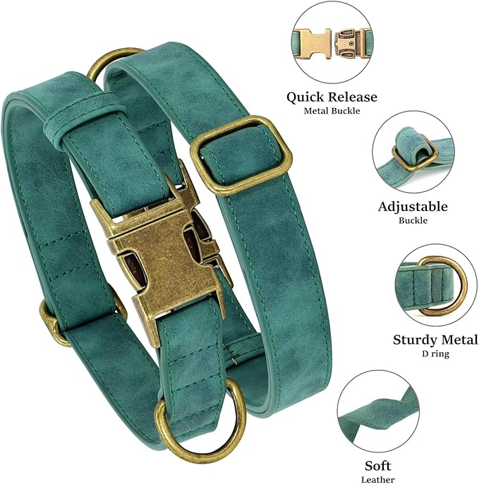 Didog Soft PU Leather Dog Collar, Stylish Quick Released Dog Collar for Large Dogs, Easy Clean Adjustable Pet Collar for Daily Walking, Green, L Fit 15-23" Neck