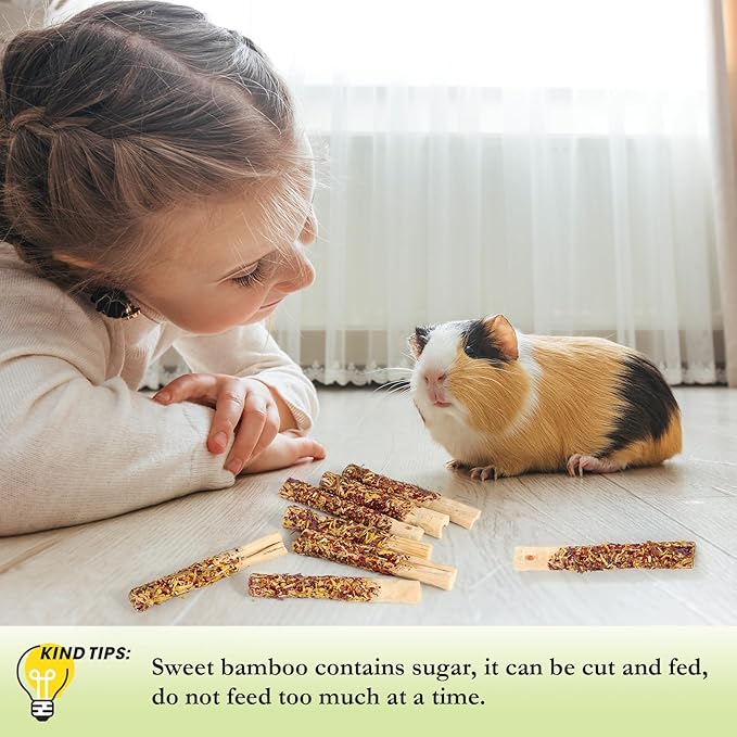 Abizoo Natural Rabbit Chew Toys,10 Sticks Sweet Bamboo Sticks for Rabbits with Petals,Bunny Chew Toys for Guinea Pig,Chinchilla,Hamster Treats Pet Wood Chews Snack Healthy Small Animals Toys for Teeth