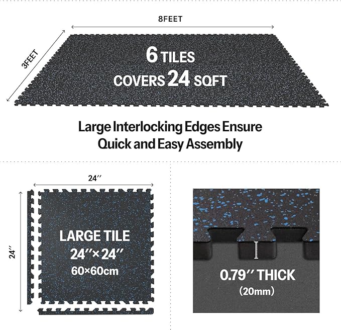 AIRHOP 0.79in Thick 24 Sq Ft Exercise Equipment Mats, 6 Tiles Upgraded Rubber Top with High Density EVA Foam, Large Interlocking Puzzle Gym Flooring for Home Gym, Heavy Weight Workout,Black & Blue