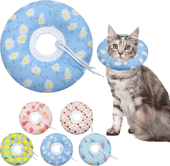 Cat Cone Collar Soft, Adjustable Cat Recovery Collars Kitten Cones to Stop Licking, Cute Donut E Collar After Surgery, Anti-Lick Wound Healing Elizabethan Collar for Kitten(Blue Daisy, Medium)