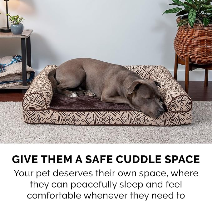 Furhaven Orthopedic Dog Bed for Large Dogs w/ Removable Bolsters & Washable Cover, For Dogs Up to 95 lbs - Plush & Southwest Kilim Woven Decor Sofa - Desert Brown, Jumbo/XL